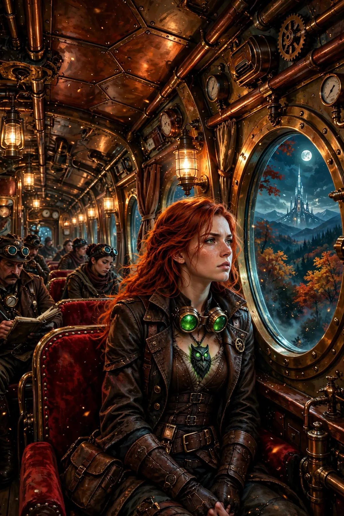 Inside a copper dirigible, with passengers seated along the hull