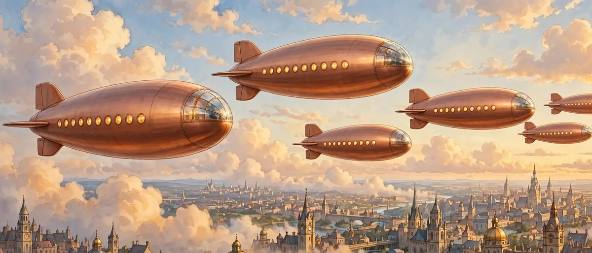 A fleet of copper dirigibles with lit cabin windows crossing a golden sky over a spired city